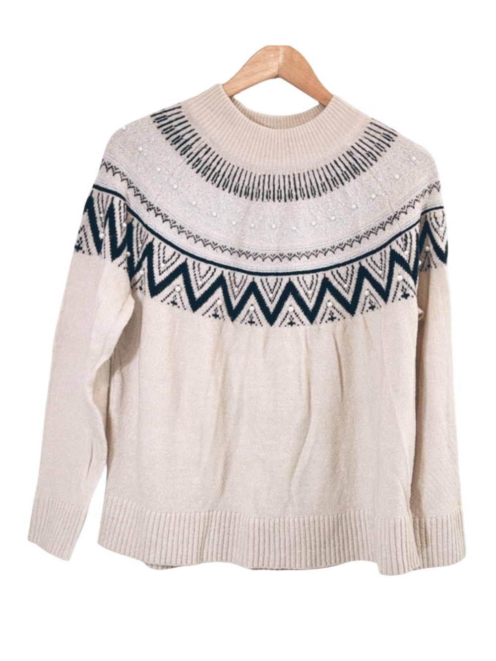Cream and Black Crew Neck Sweater with Fair Isle Pattern